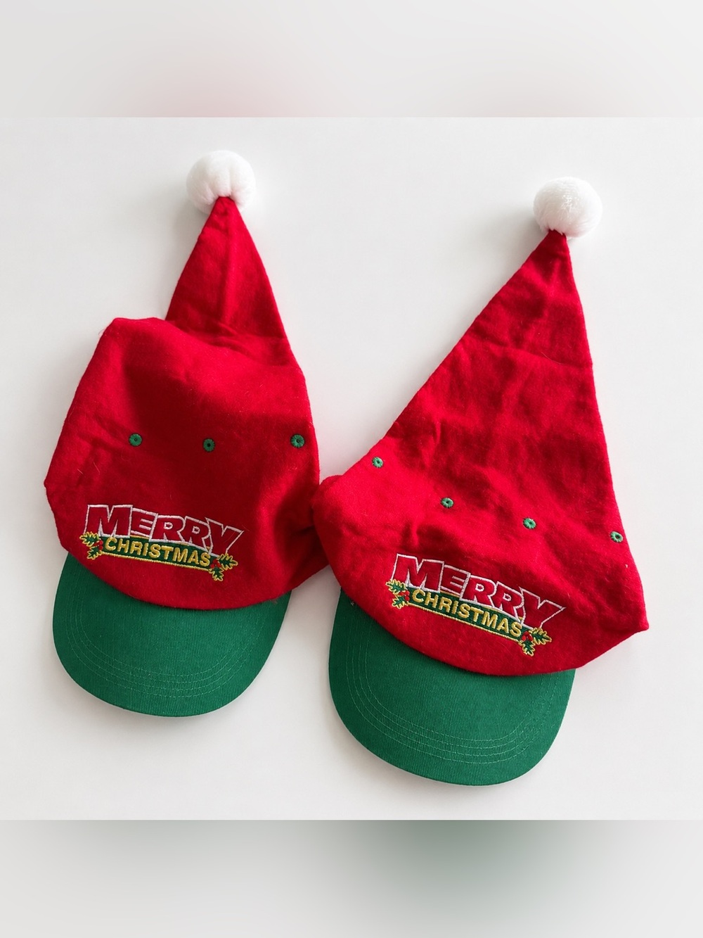 Red & Green 'Merry Christmas' Holiday Cap - Festive Pom Hats Pair of 2 VTG
